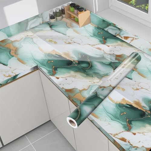 Image of VKR Premium Removable Self Adhesive Wallpaper Roll | Waterproof Peel & Stick Vinyl Sheet for Kitchen Countertops, Cabinets, Tables & Home Furniture Decor (Green Sky Gold, Pack of 1)