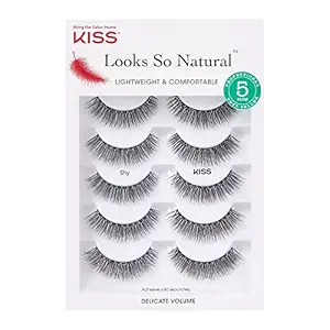 KISS Looks So Natural False Eyelashes Multipack, Lightweight & Comfortable, Tapered End Technology, Reusable, Cruelty-Free, Contact Lens Friendly, Style 'Shy', 5 Pairs Fake Eyelashes