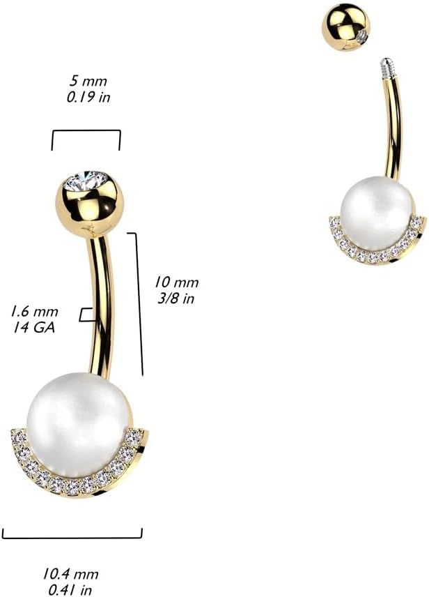 Pierced Owl 14GA 316L Stainless Steel Synthetic Pearl with Half CZ Crystal Edge Belly Button Ring - Image 2