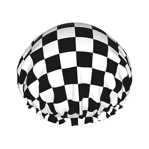 Errtavt Black And White Race Checkered Flag Shower Caps For Women Double Layers Waterproof Hair Cap Funny Reusable Bath Hat