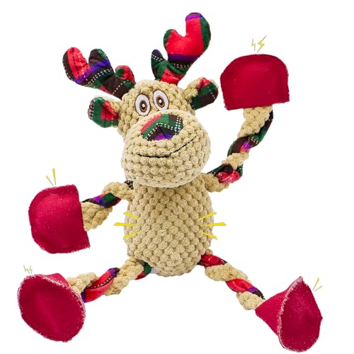 OraneeeO Christmas Squeaky Dog Toys- Interactive Plush Toys with 5 Squeakers- Stuffed Dog Toys for Medium & Large Breeds- Reducing Boredom and Relieving Anxiety (Elk)