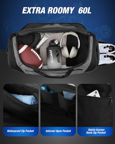 Image of Gonex Gym Duffel Bag 26 inch with Shoe Compartment Wet Pocket, Large Capacity Sports Duffle Bag for Men Women, Workout & Travel Bag with Multiple Pockets, Black /Gray, Medium (60L)