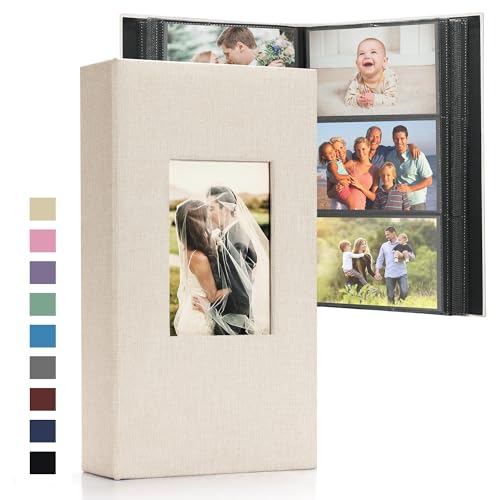 DazSpirit Álbum de fotos 6x4 – 300 bolsillos, libro de recuerdos de lino con páginas negras, cubierta acolchada y ventana frontal personalizable – Ideal para bodas, familia, bebés, viajes