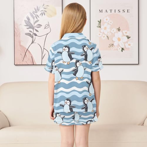 ALAZA Dancing Penguin Wave Pajamas Satin Pajama Set Short Sleeve Button Down Sleepwear4