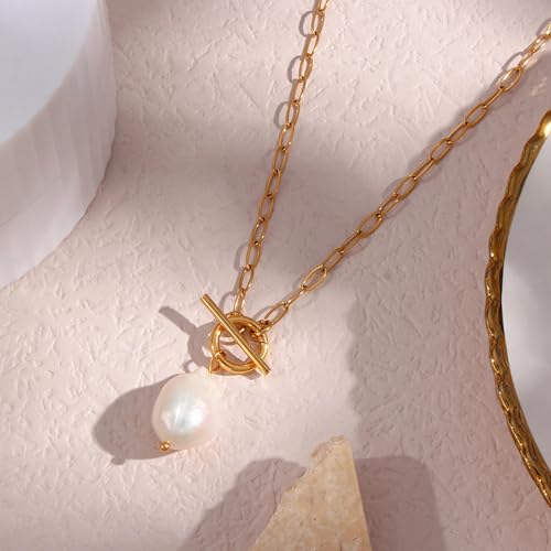 Baroque Silvery Freshwater Pearl Long Pendant Necklace Paperclip Toggle Drop Stainless Steel Necklace For Women3