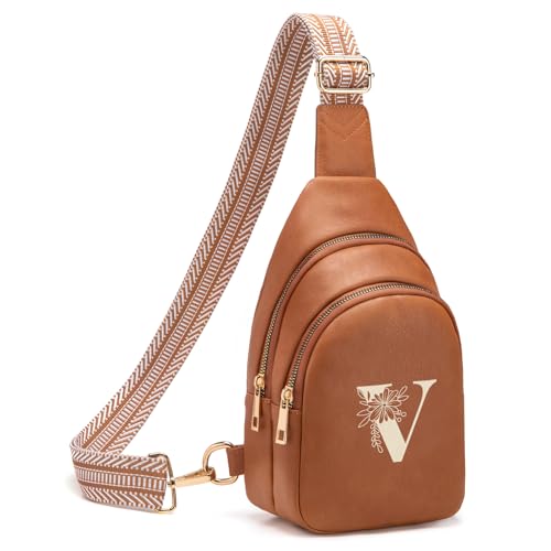 Crossbody Bags for Women Initial Sling Bag Cross Body Fanny Packs Personalized Gifts for Mom Women Wife Brown V