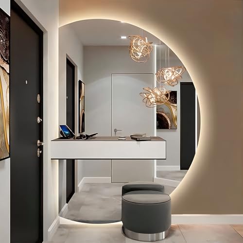 Generico Specchio da Bagno A Semicerchio, Specchio Semicircolare con Luce LED, Specchio Mezza Luna da Parete Dimmerabile, Moderno Specchio da Bagno, Sinistra/Destra Universale (70 * 100cm)