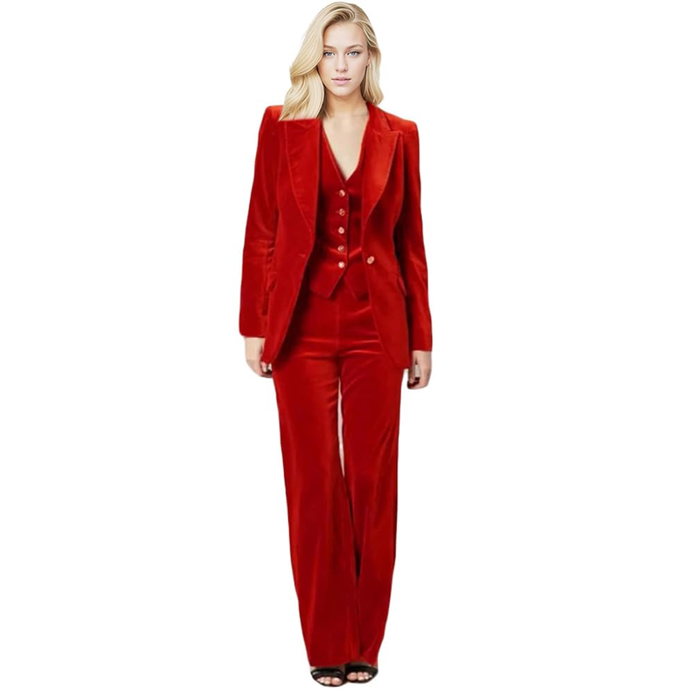 Womens 3 Piece Velvet Suit Office Business Ladies Trouser-Suit One Button Peak Lapel Blazer Vest Pant Set