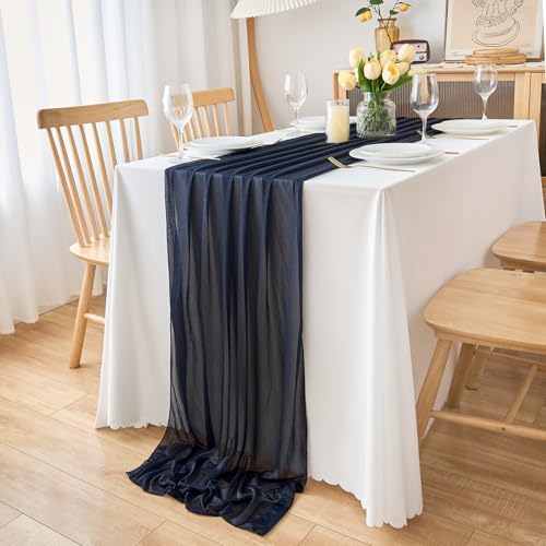 DecorMommt Chemin de Table de Mousseline Bleu Marine Nappe Tulle Decoration Communion Chemin de Table Deco Table pour Décoration de Mariage Anniversaire...