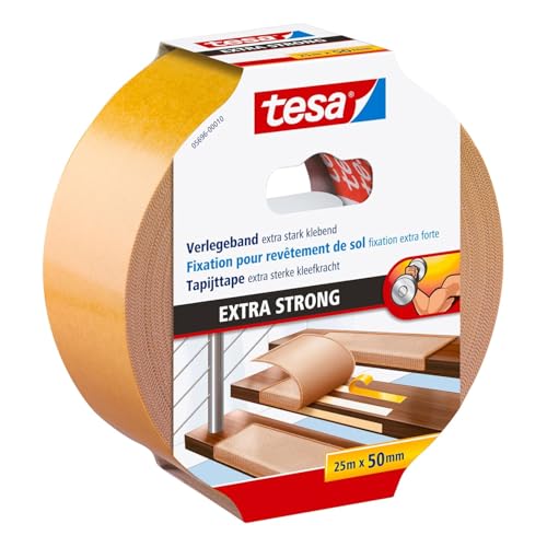 tesa Extra Strong Ruban Adhésif Double Face de Fixation pour Sols Irréguliers – Rouleau Auto-Adhésif Antidérapant pour Moquette et Revêtements de Sol en...