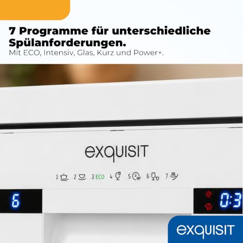 Exquisit Geschirrspüler 45 cm, Spülmaschine freistehend/Unterbau, 9 Maßgedecke, 7 Programme, Eco, 49 dB(A), Energieklasse E, Startzeitverzögerung, Extra-Trocknung, GSP9309-030E weiss