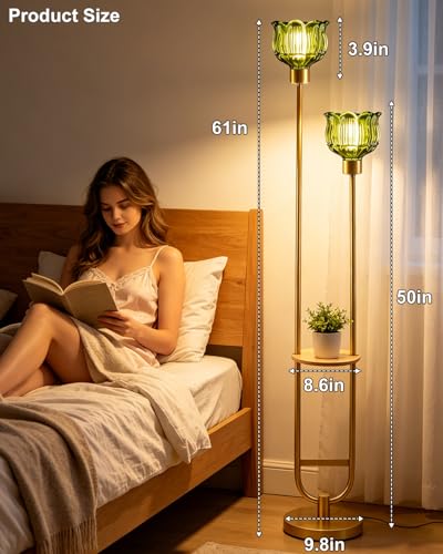 Image of Lightdot 2-Lights Modern Glass Floor Lamp with Table Gold Standing Tall Lamps with Green Glass Shade, Flower Floor Lamp with Foot Switch for Living Room Bedroom Home Decor (Bulbs Included)
