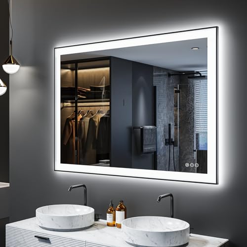 48x36 Framed LED Bathroom Mirror, CHARMOR Large Dimmable Vanity Makeup Mirror, Backlit and Front Lighted Mirror for Wall, Anti-Fog (Horizontal/ Vertical)