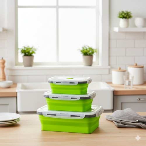 Image of The Better Home | Lunch Boxes | Food Grade Silicone | Airtight Lid Foldable Lunch Box Lightweight for Kids Office School | Pack of 3 1200ml 800ml 500ml | Microwave Safe Green