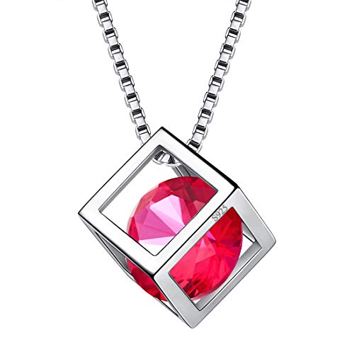 Aurora Tears July Birthstone Necklace 925 Sterling Silver Red Ruby Square Birth Stone Pendant Jewellery Gifts for Women and Girls DP0028R