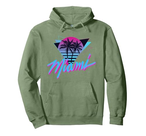 Miami - Palm Trees - Vaperwave Synthwave 80s Style Retro Pullover Hoodie, Adult Unisex, Sage Green, Medium