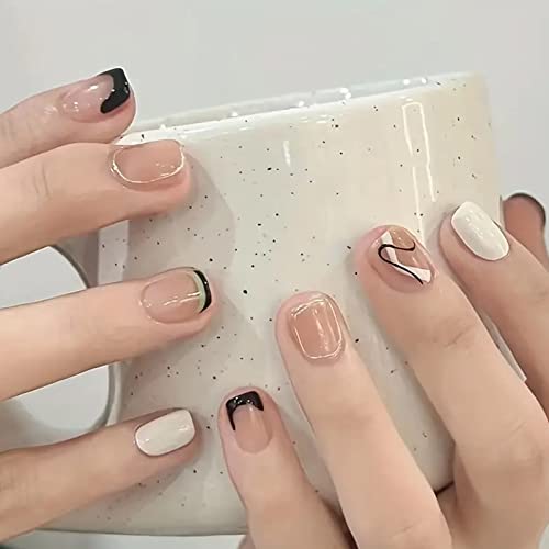 Ricefod Press on Nails Short Glossy Square Fake Nails with Black Tip Designs Full Cover Nails for Women and Girls 24 Pcs