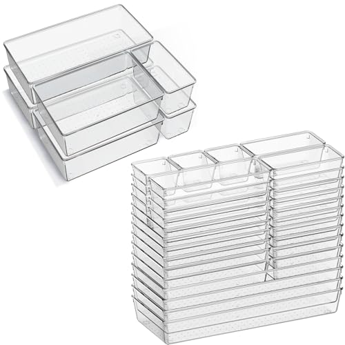 Image of Criusia 42 Pack Large Clear Plastic Drawer Organizer Bins, Acrylic Drawer Storage Bins for Bathroom, Makeup Vanity, Kitchen, Office