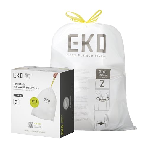 Image of EKO 12.5 Gallon / 40-60 Liter, 110 Count Drawstring Trash Bags, Extra-Strong Garbage Bags, Unscented, Leak-Resistant, Easy-Dispense Roll for Kitchen & Household Use, Code Z, White