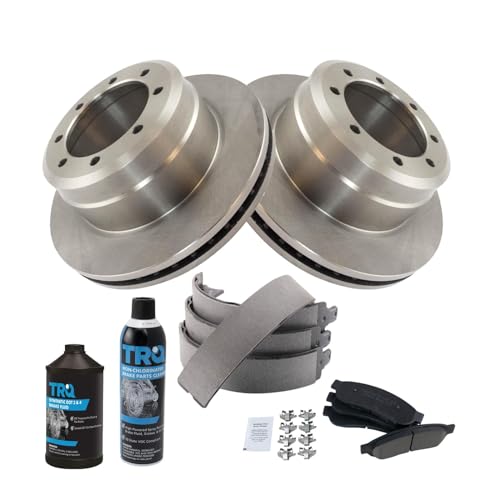 Image of TRQ Rear Brake Pad & Rotor Kit, with Chemical Kit Parking Brake Shoe Set Ceramic Compatible with 2005-2012 Ford F-350 Super Duty 2011-2012 F-450 Super Duty
