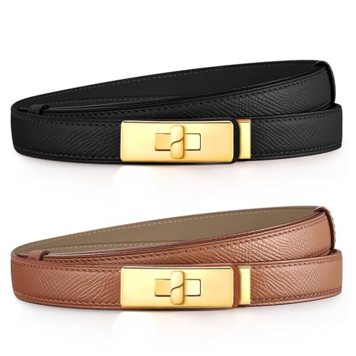 Schmaler Gürtel Damen Ledergürtel Damen Gürtel Schwarz Damengürtel für Hosen Kleider Taillengürtel Braun Ledergürtel Taillengürtel für Jeans Leder 2 Stück Damengürtel 53-92CM Twist Lock Gold