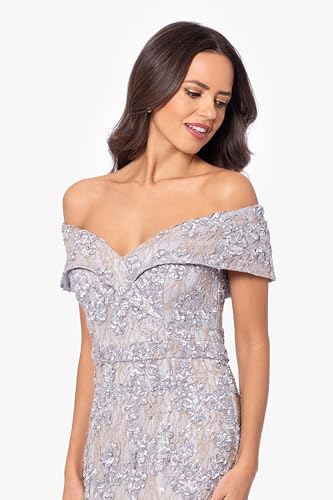 Image of Xscape Women's Off The Shoulder Sequin & Lace Overlay Evening Gown with Sweetheart Neckline, Sheath Formal Dress
