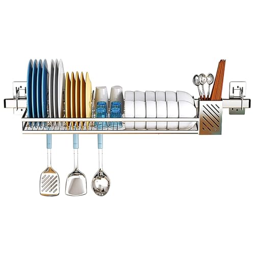Stainless Steel Wall-Mounted Dish Drying Rack - Space-Saving Kitchen with Knife Holder & Chopsticks Cage - 31.4" Long Dish Shelf for Efficient Storage