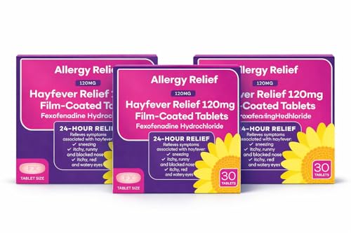 Image of 3X Fexofenadine Hydrochloride 120mg Tablets Non Drowsy Allergy Relief for Hay Fever & Itchy Skin – Pack of 90