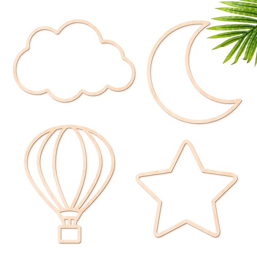 Image of 4 Pieces Boho Nursery Cloud Star Wall Decor Wooden Babyroom Moon Rattan Wall Decor Wooden Rainbow for Children Baby Kids Boys Girls Bedroom Nursery Pendant(Cloud Star Moon Hot Air Balloon)