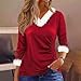 Womens Cozy Shirts Fur Trim V Neck Soft Pullover Trendy Tops Long Sleeve Casual Dressy Holiday Warm Winter Blouses Red