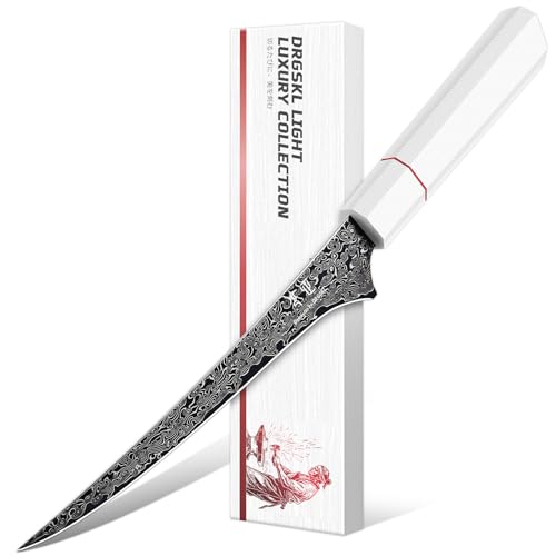DRGSKL Damascus Fillet Knife 7 Inch - VG10 Razor Sharp Slicing Knife for Fish and Meat Trimming - Japanese G10 Handle - with Gift Box