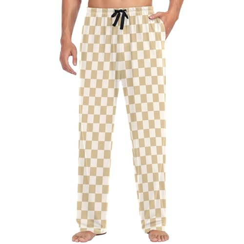 Men's Pajama Bottoms Brown Checkerboard Mens Pajama Pants Buffalo Checkered Plaid Cotton Pj Bottoms Sleepwear Lounge Pants L