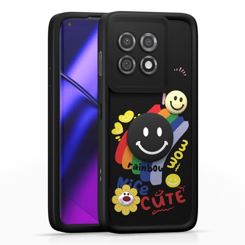 Image of Pikkme Back Cover for OnePlus 11 5G | Soft Silicone| Cute Rainbow Smile & 3D Cartoon Flower Design | Shockproof Raised Camera Protection Bumper Case (Black)