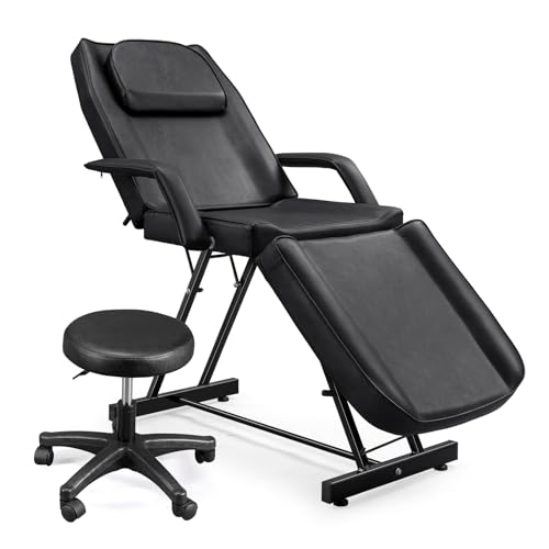 Bonnlo Professional Massage Table Tattoo Chair Multi-Purpose 3-Section w/Adjustble Stool Esthetician Bed Beauty Equipment for Spa Facial Waxing & Physical Therapy(Black)