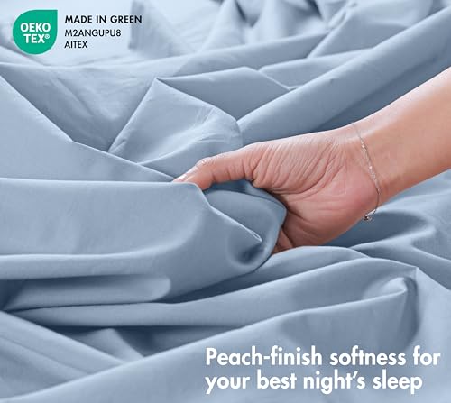 Image of RUVANTI 100% Cotton Percale Sheets California King - Crisp Cooling Summer Bed Sheets for Hot Sleepers, Deep Pocket 12 inch, Soft Peach Finish, Breathable & Durable Hotel-Style 4 Piece Set, Smoky Blue