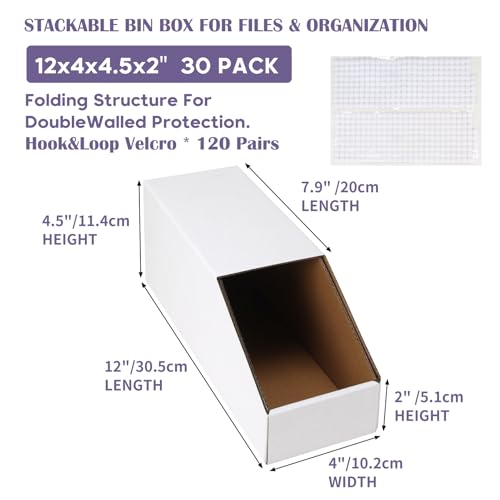 Image of EXYGLO Stackable Cardboard Storage Bins 30 Pack, 12x4x4.5 Inch Cardboard Boxes with Lid, Corrugated Organizer Bins for Pantry, Shelves, Garage, Office, Shop, White