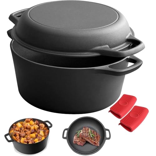EOGILY 2-in-1 Pre-Seasoned Cast Iron Dutch Oven Pot with Skillet Lid Cooking Pan Cast Iron Skillet Cookware Pan Set with Dual Handles Indoor Outdoor for Bread Frying Baking BBQ (Black A)