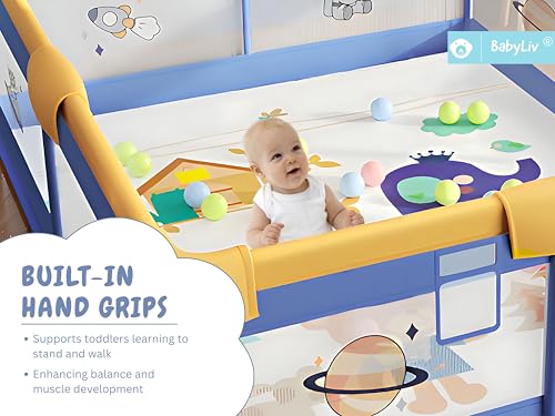 Image of Playard | Spacious Playpen for Kids up to 4 Years | Safety Lock | Thick Padding | 360 Mesh | Portable Activity Center (Space Baby Bear, Ocean Blue, 150x180 cm) | No Mat /Grip /Balls (WY)