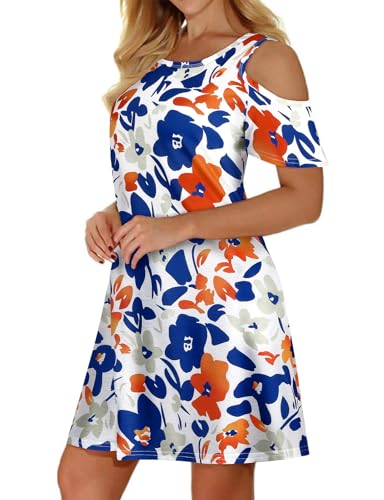 Misyula Style Flowy Dresses for Women Bohemian Cold Shoulder Knee Length Short Sleeve Dress Summer Casual Country Western Beho Beach Party Home Daily Outfits,Blue Orange,M