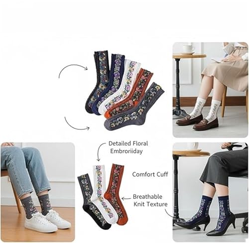 Saturation Floral Socks, Vintage Embroidered Floral Socks, Florals Patterned Casual Cute Warm Sock3