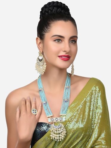Joyas Kundan Meenakari en latón chapado en oro azul de alta joyería artesanal para bodas 7