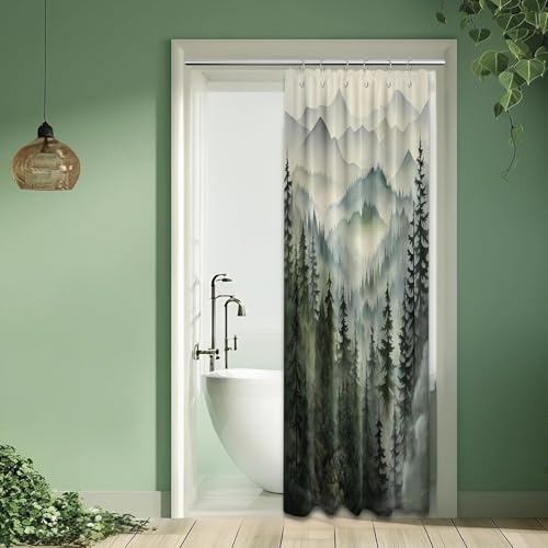 QGHOT Mountain Shower Curtain Green Forest Nature Shower Curtains for Bathroom Rustic Woodland Pine Tree Landscape Bath Decor Sets, Waterproof Polyester Fabric with Hooks, 36x72in