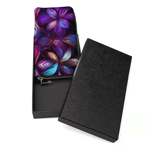 Colorful Geometry Flowers Leather Wallet Fashion Bifold Purse Long Pouch with Wrist Strap for Men Women3