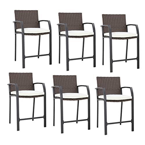 Image of LOKATSE HOME Bar Stools Counter Height Chair Set of 6 Wicker Decoracted Patio Furniture with Armrest for Garden Pool Lawn Backyard