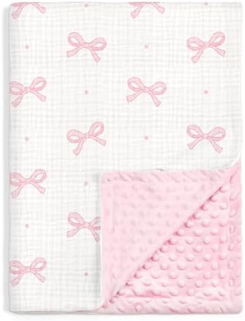 Bow Baby Blankets for Girls, Soft Nursery Minky Blankets with Muslin and Dotted Fleece Back 30x40 inches, Receiving Bed Quilt for Newborn, Infants, Toddlers