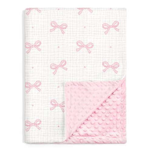 Image of Bow Baby Blankets for Girls, Soft Nursery Minky Blankets with Muslin and Dotted Fleece Back 30x40 inches, Receiving Bed Quilt for Newborn, Infants, Toddlers