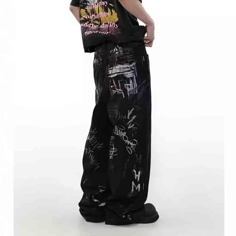 BXCNCKD Unisex Graffiti Letter Printed Jeans Street Trendy Loose Wide Leg Straight Pants4