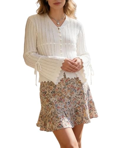 Women's V Neck Flared Sleeve Wool Cardigan Casual Loose Sweater