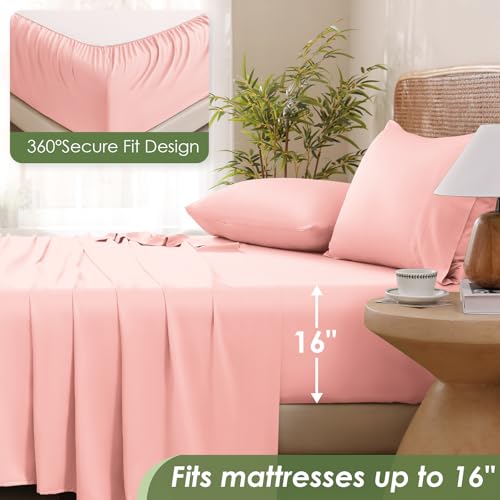 Image of MICORAL King Size Sheets Set, Rayon Derived from Bamboo Cooling Sheets for Hot Sleepers, Breathable & Soft, Deep Pocket Up to 16 Inches, Hotel Luxury Silky Bedding, Rose Pink
