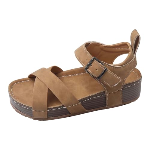 Image of Momolaa WOMEN Flatform Flat Sandals Clearance Size 7 Ankle Buckle Criss Cross Band Straps Sandals Shoes YL250522 Yellow Footwear